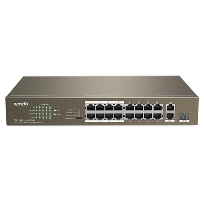 SWITCH 16P LAN 10/100M POE TENDA TEF1118P-16-150W 2P GIGABIT +1P SFP DESKTOP - METALLO - GARANZIA 3 ANNI