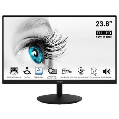 MONITOR MSI PRO MP242A 23.8'' IPS AG FHD 16:9 MM 1000:1 1MS 100HZ LESS BLUE LIGHT PRO VGA HDMI DP VESA BLACK FINO:31/01