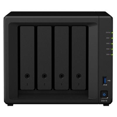 NAS SYNOLOGY DS418 X 4HD SATA2>SENZA DISCHI<HOT SWAP-1,4GHZ-DDR3 1GB-2P GIGA-3P USB+1P ESATA-SUPP.25 TELEC.-GAR.2 ANNI