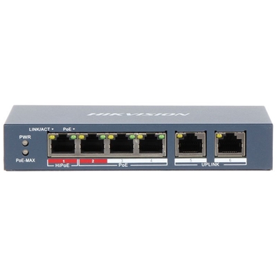 SWITCH 4P LAN 10/100M RJ45 POE + 2P 10/100M RJ45 HIKVISION DS-3E0106HP-E UNMANAGED - 802.3AF/AT/BT - METALLICO