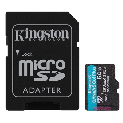 MICRO SECURE DIGITAL 64GB SDCG3/64GB CLASS10 U3 V30 + ADATTATORE READ:170MB/S WRITE:70MB/S CANVAS GO PLUS KINGSTON