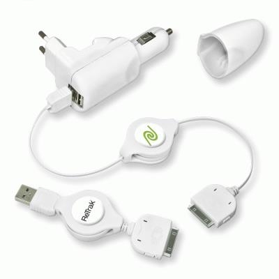 ALIMENTATORE USB DA AUTO/CASA 2P RETRAK EUIPODCHG51 + 2 CAVI USB-APPLE30PIN 100CM RETRATTILE 0816983010215