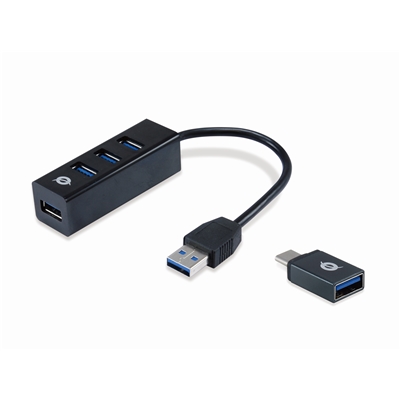 HUB USB3.0 4P CONCEPTRONIC HUBBIES04B CON ADATTATORE DA USB-C A USB-A FINO:30/08